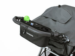 Bumbleride parent pack for drink bottles, keys and phone in black on grey stroller
