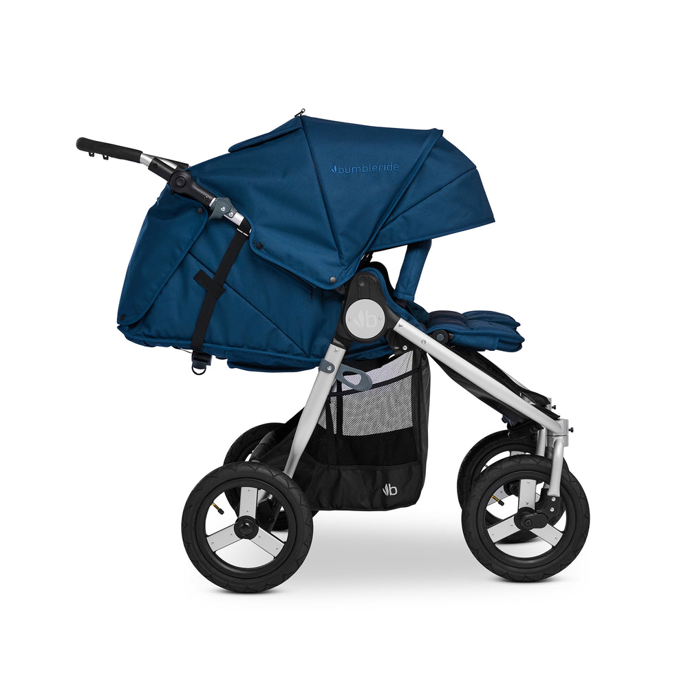 
                      
                        Bumbleride Indie Twin Stroller Double Stroller in Maritime - Fully Reclined Mode - Past Collection 2022.
                      
                    