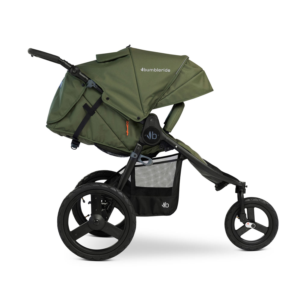 
                      
                        Bumbleride Speed Jogging Stroller in Olive - Premium Black Frame - Reclined.  New Collection 2023.
                      
                    