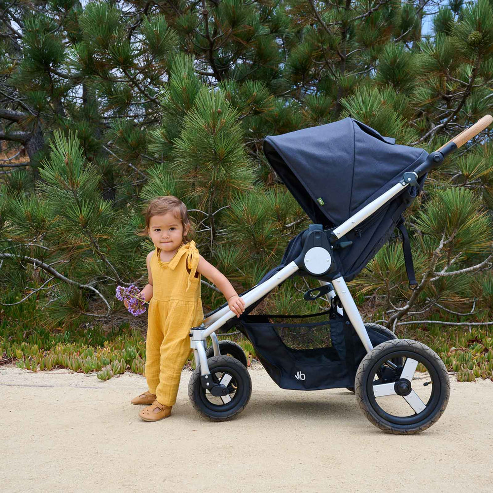 
                      
                        Picture of toddler baby holding purple flowers standing in front of Bumbleride Era reversible stroller in Dusk on dirt trail. New Collection 2022 - Global
                      
                    