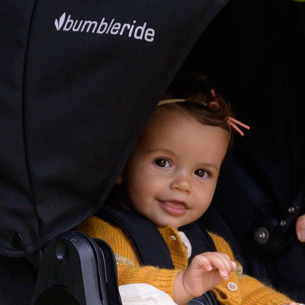 
                      
                        Child smiling inside Bumbleride Australia Speed Jogging Stroller in Black
                      
                    